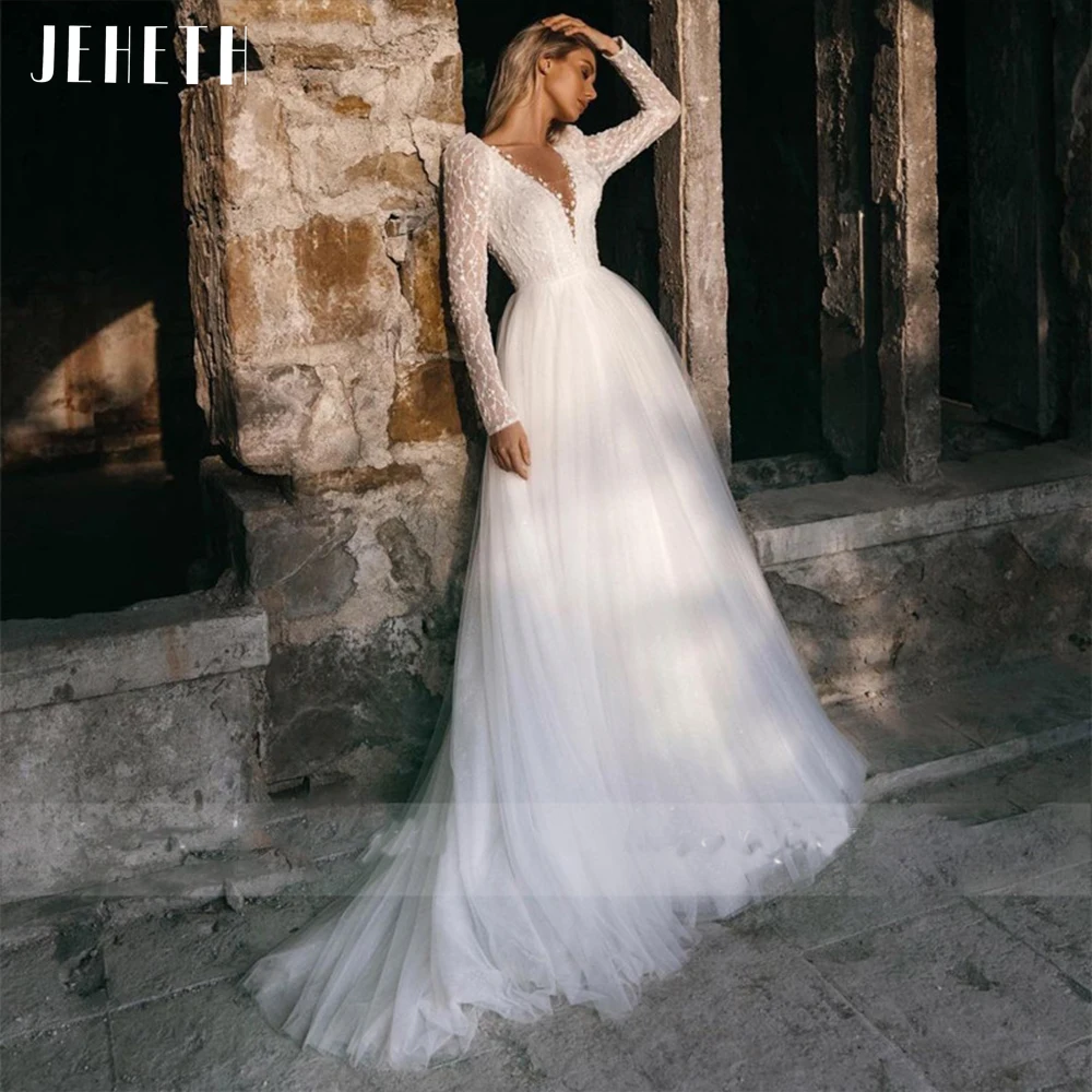 Top Trends: JEHETH Sexy Long Sleeve Wedding Dress Beach Women Illusion Back Lace Appliques V-Neck A-Line Bridal Gown Tulle Vestidos De Novia Shoppable Styles