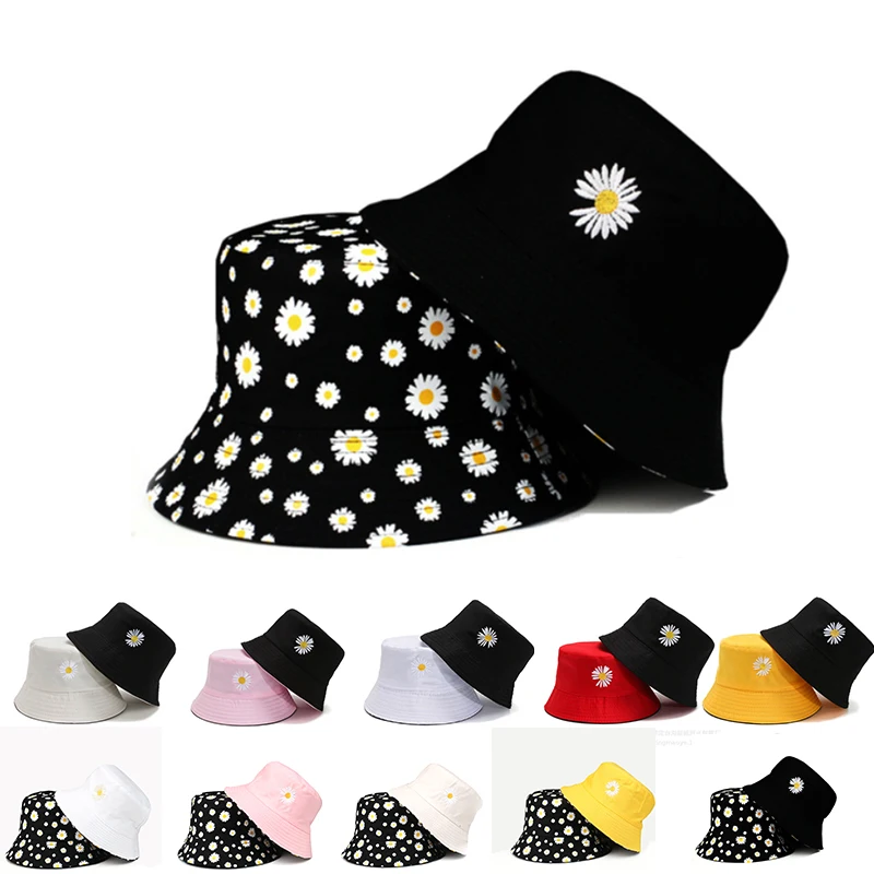 Top Trends: Summer Double-Sided Daisy Bucket Hats Women's Embroidery Hip Hop Panama Bob Caps Folded Beach Sun Fisherman Hat For Ladies Mens Shoppable Styles