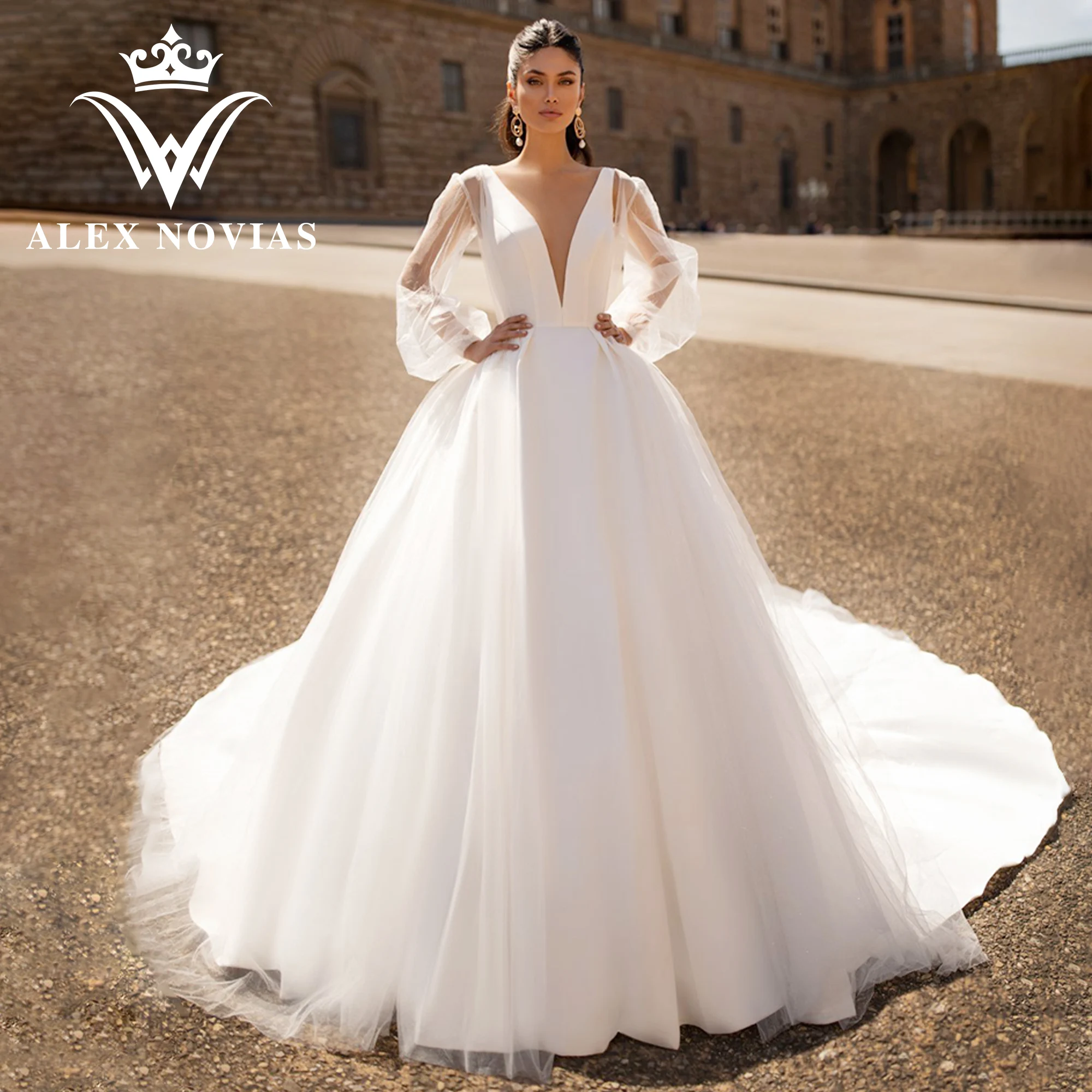 Top Trends: ALEX NOVIAS A-Line Satin Wedding Dress With Detachable Long Jacket 2023 V-neck Backless Wedding Gown Vestido Novias De Saten Shoppable Styles