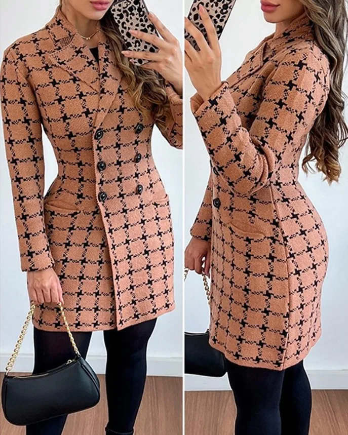 Top Trends: Jackets For Women Autumn Fashion Plaid Print Double Breasted Elegant Polo Collar Long Sleeve Medium Length Blazer Coat Shoppable Styles