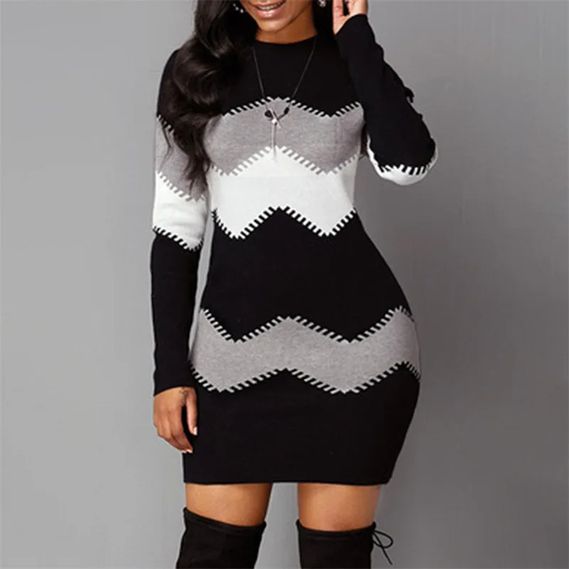 Top Trends: Women Elegant Patchwork Long Sleeve Warm Dress 2022 Autumn Winter Rib Knit Sweater Dress Casual Turtleneck Pullover Mini Dresses Shoppable Styles