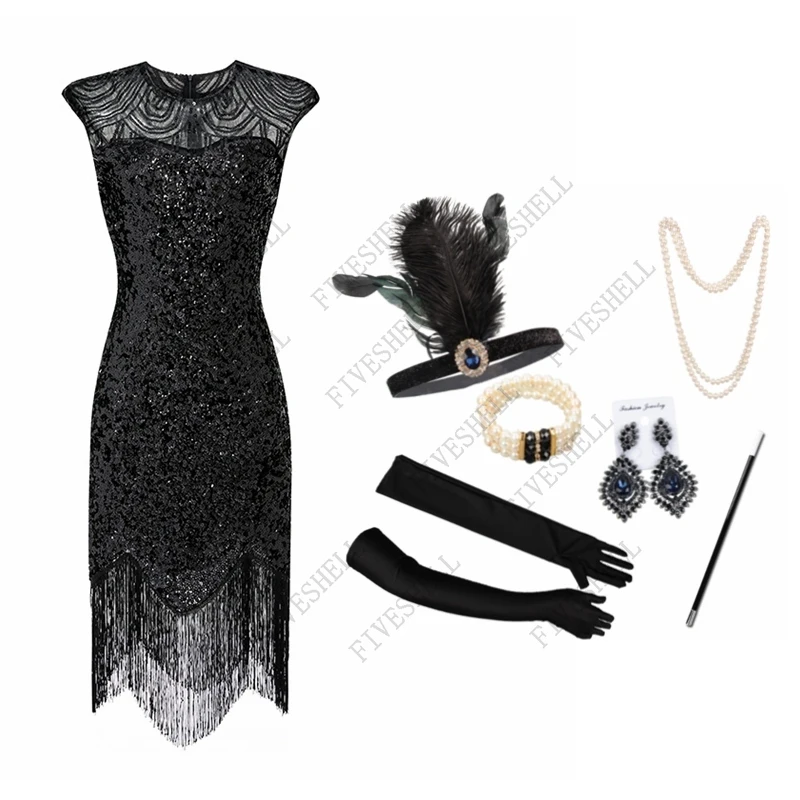 Top Trends: 1920s Flapper Tassel Dress Great Gatsby Party Evening Sequins Fringed Gown Dresses Party Costume With 20s Accessories Set Shoppable Styles