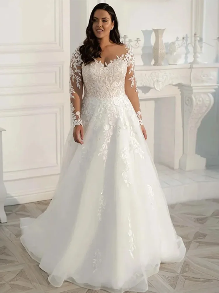 Top Trends: Plus Size Sheer V-neck Wedding Dress Long Sleeves Lace Tulle Applique A-Line Boho Bridal Gown 2023 Custom Made Robe De Mariée Shoppable Styles