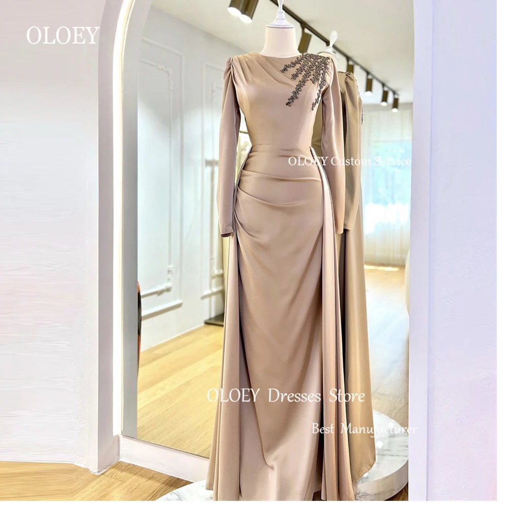 Top Trends: OLOEY Modest Dubai Arabic Women Evening Dresses Attachable Train Long Sleeeves O-Neck Beads Prom Gowns Formal Occasion Dress Shoppable Styles