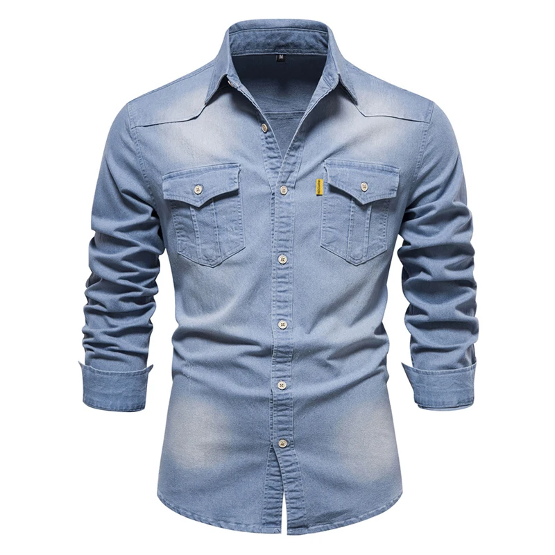 Top Trends: 2024 Long-Sleeved Denim Shirt Spring Fall Cotton Top Pocket Decoration Lapel Button Casual Cargo Shirt Plus Size 4 Color Denim Shoppable Styles