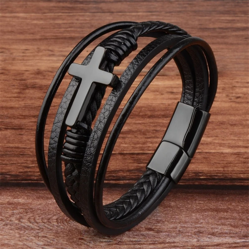 Top Trends: Classic Fashion Design Titanium Steel Cross Genuine Leather Bracelet For Men's Stainless Steel Magnet Buckle Charm Bracelet Gift Shoppable Styles