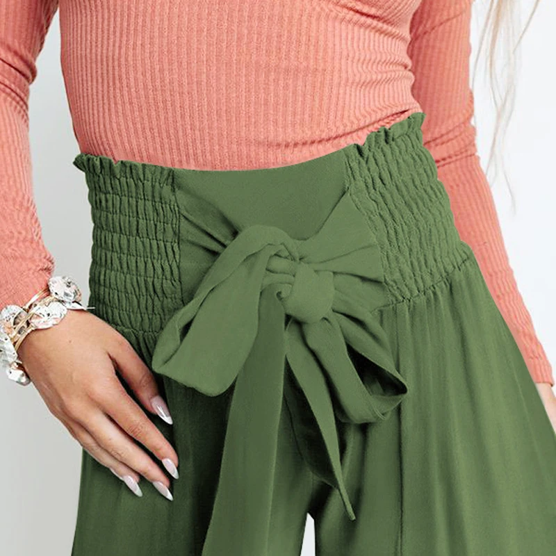 Top Trends: Casual Flared Wide Leg Pants Fashion Solid Pants Women Trousers Boho Elastic High Waist Lace Up Holiday Pants Shoppable Styles - Image 6