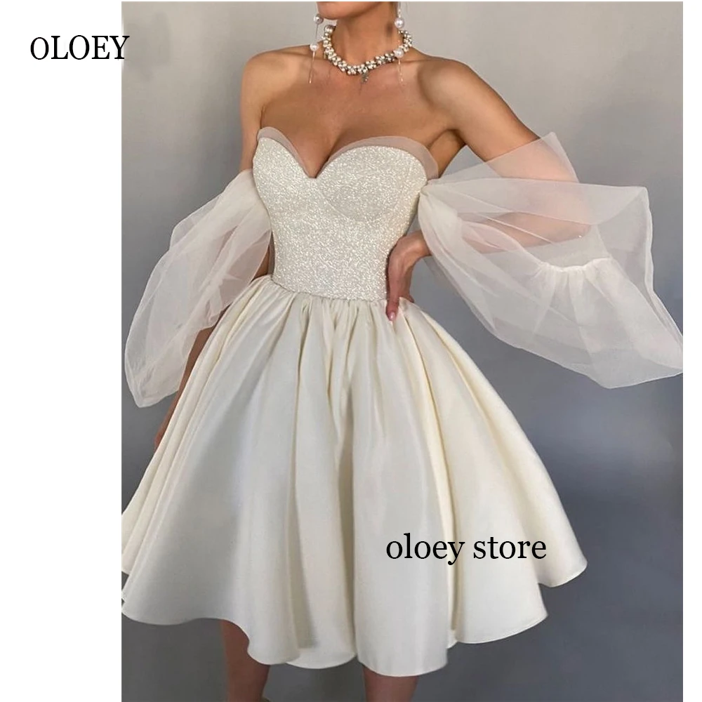 Top Trends: OLOEY Glitter Satin A Line Short Wedding Dresses Sweetheart Puff Sleeves Mini Sexy Bridal Gowns Evening Prom Dress Formal Wear Shoppable Styles