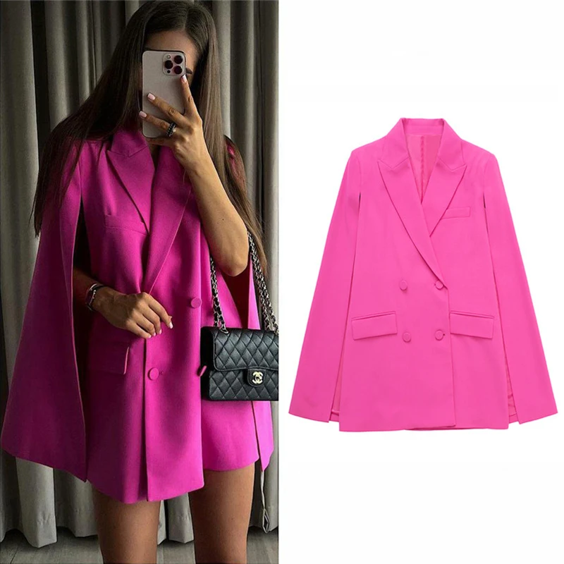 Top Trends: Pink Sleeveless Cloak Jacket Coat Women Fashion Spring Turn Down Collar Double Breasted Pockets Office Ladies Blazer Mujer 2022 Shoppable Styles