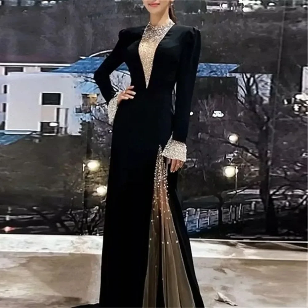 Top Trends: Formal Long Sleeve Satin Beaded Evening Gown Luxury Arabian Dubai Mother Of The Bride Dress Custom A-Line Women Party Dresses Shoppable Styles