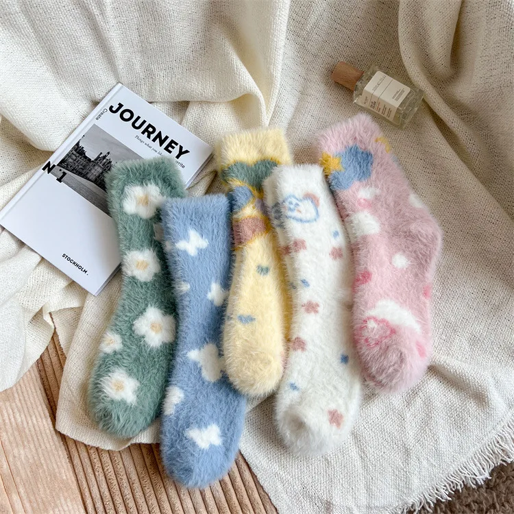 Top Trends: Flower Heart Pattern Velvet Socks Girls Cute Sweet Winter Warm Thick Middle Tube Sock Shoppable Styles