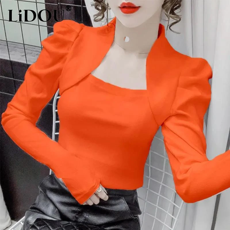 Top Trends: Spring New French Style Square Neck Long Sleeve T-shirt 2023 Women Solid Color Puff Sleeve Temperament Slim Elegant Pullovers Shoppable Styles