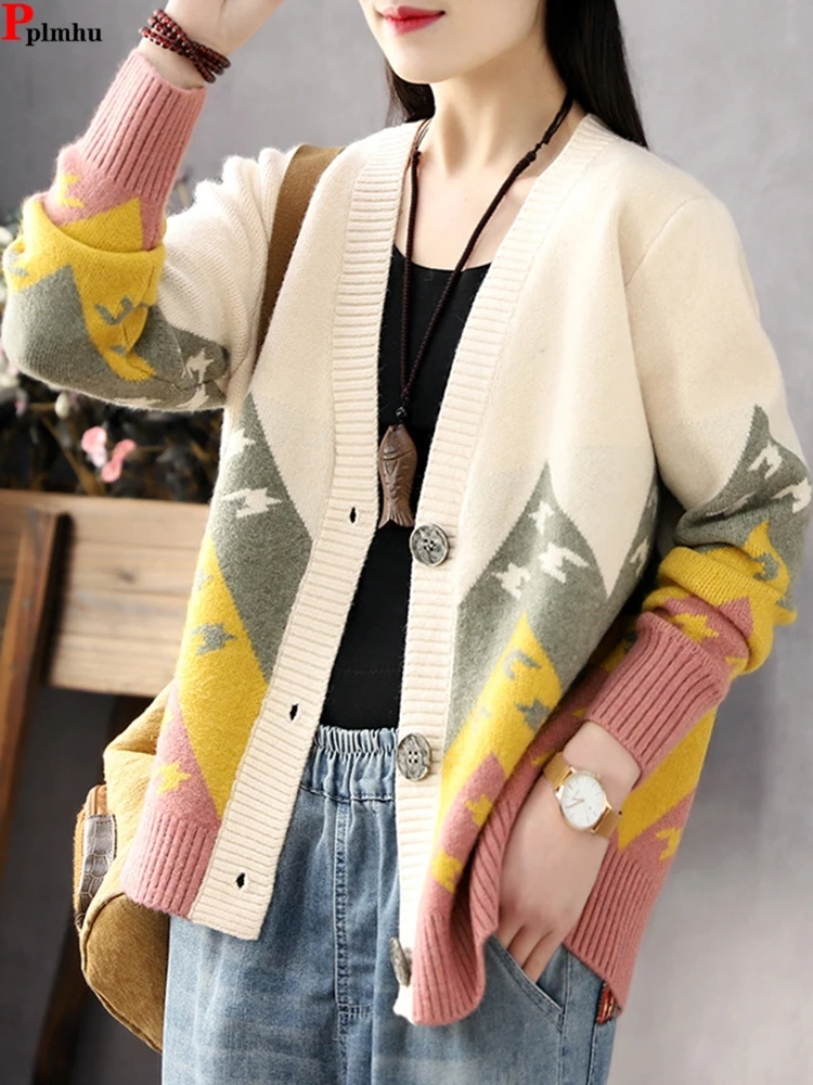 Top Trends: Korean Pritted V-neck Sweater Cardigan Loose Soft Knitwears Coat Casual Spring Fall Malhas Casaco New Fashion Tops Jacket Shoppable Styles