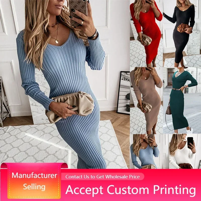 Top Trends: Women Knit Dress V-neck Solid Color Long Sleeve Dresses Winter Casual Sexy Bodycon Knitted Maxi Striped Long Dress Shoppable Styles