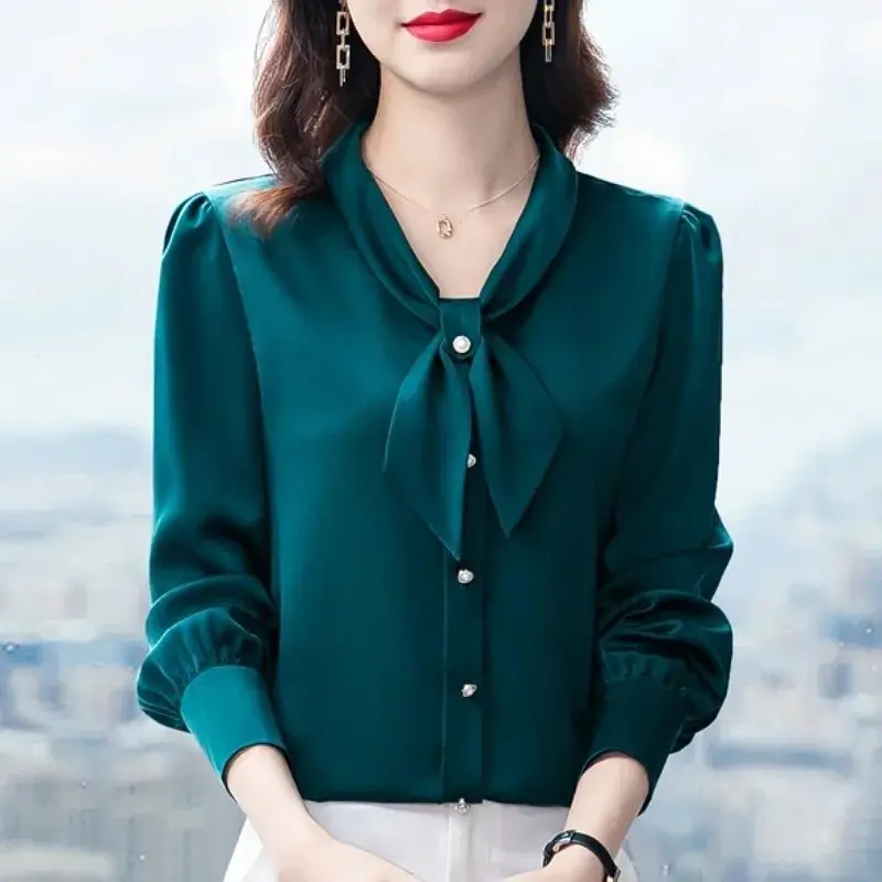 Top Trends: Office Lady Korean Clothing Bow Elegant Satin Shirt Spring Summer Women Fashion Long Sleeve Pullover Loose Casual Solid Blouse Shoppable Styles