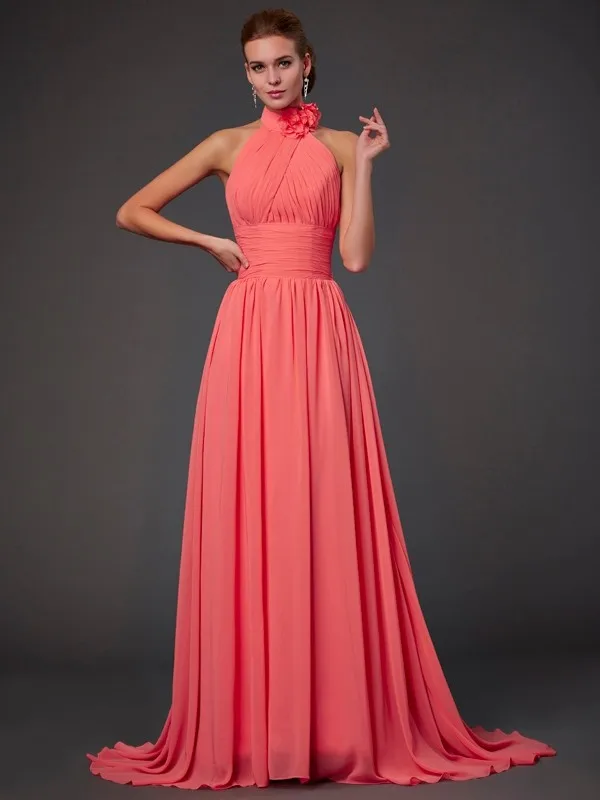 Top Trends: Vintage Long Chiffon Halter Bridesmaid Dresses With Flower A-Line Pleats Floor Length Zipper Back Wedding Guest Dress For Women Shoppable Styles