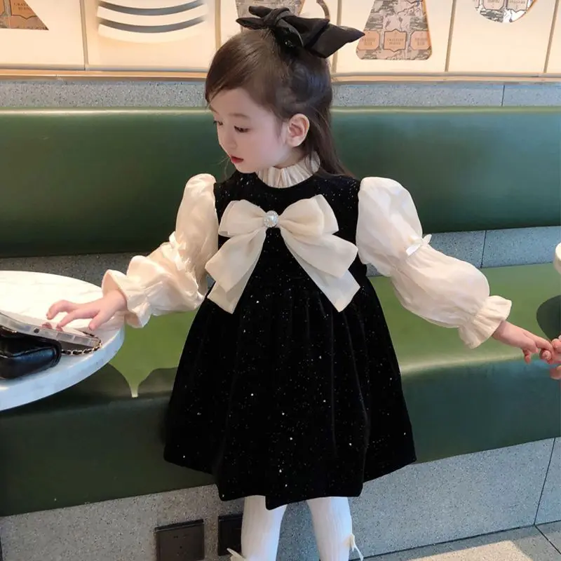 Top Trends: Girls Dress French Style Causal All-match Kids Clothes For Girls 2023 New Black Elegant Long Sleeve Ruffle Bowknot Princess Shoppable Styles