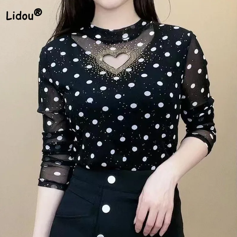 Top Trends: Fashion Casual Hollow Out Polka Dot Print T-shirt Women&#039;s Clothing 2023 Spring Summer Korean All-match Slim Long Sleeve Tops Shoppable Styles