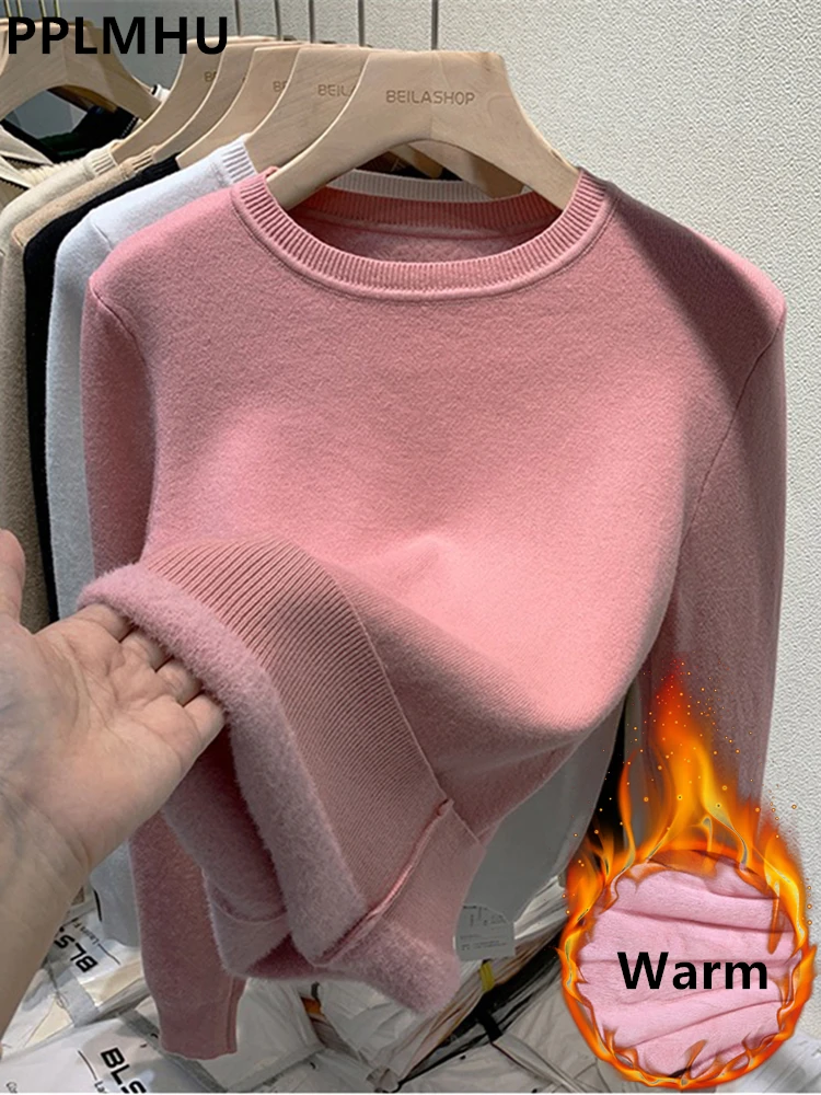 Top Trends: Pink Winter Sweater Women Thicken Warm Knit Pullover Soft Plush Fleece Lined Sueter O-neck Malhas Tops New Slim Knitwear Jersey Shoppable Styles