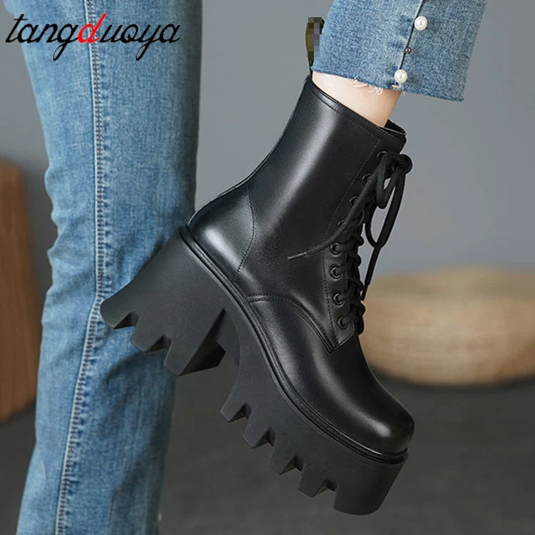 Top Trends: Punk Goth Ankle Boots Women Black Chunky Wedge Platform Shoes Woman Lace Autumn Patent Leather Footwear Lady Botas Mujer Shoppable Styles