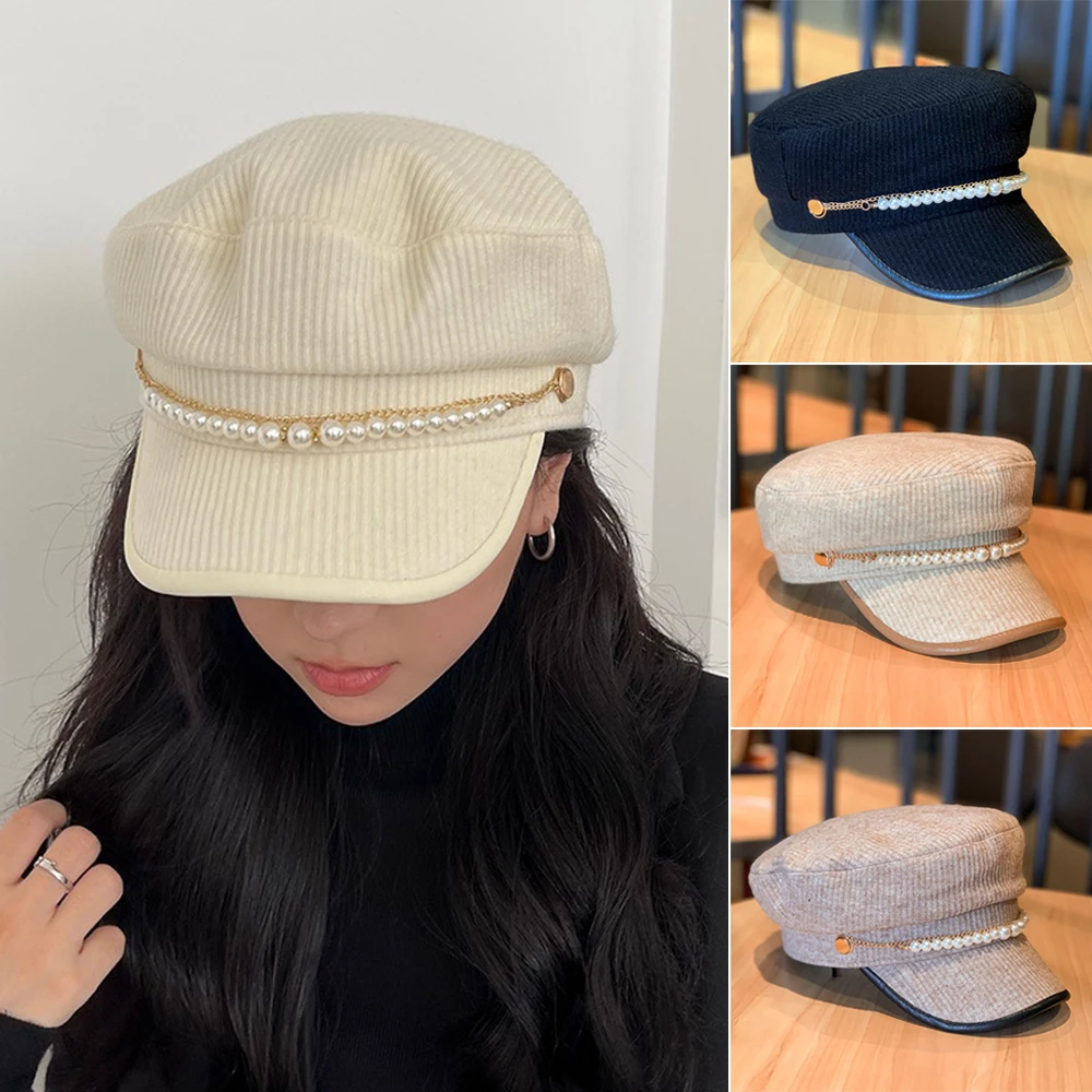 Top Trends: Fashion Pearl Chain Flat Top Navy Hat Beret Caps Brand Designer Autumn Winter Octagonal Newsboy Caps Hats Women&#039;s Sun Protection Shoppable Styles