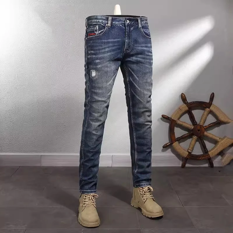 Top Trends: Newly Designer Fashion Men Jeans High Quality Retro Washed Blue Elastic Slim Fit Ripped Jeans Men Patched Vintage Denim Pants Shoppable Styles