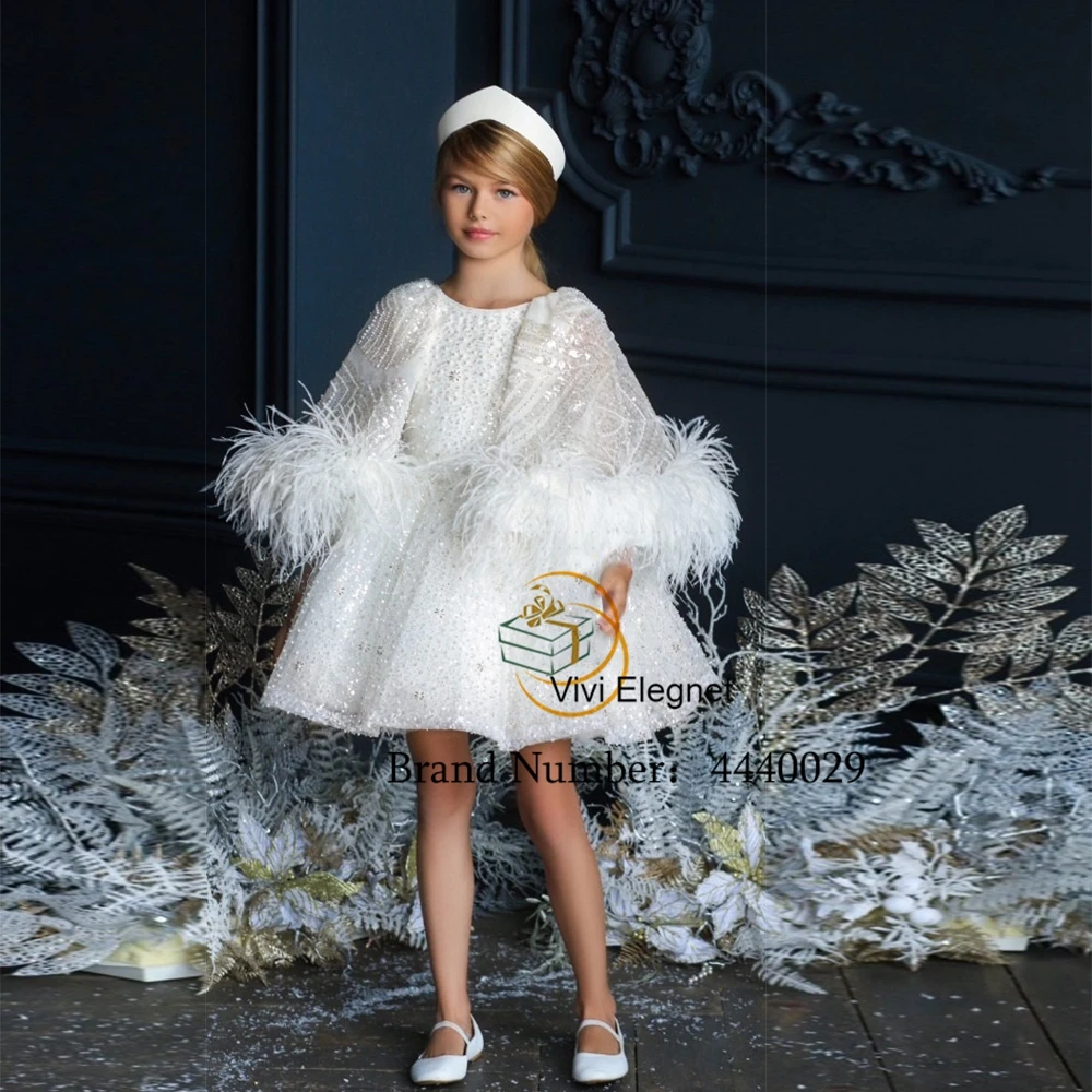 Top Trends: White Full Sleeve Sequined Christmas Gown Winter Fur 2023 New Knee Length New Beading Flower Girl Dresses فساتين اطفال للعيد Shoppable Styles