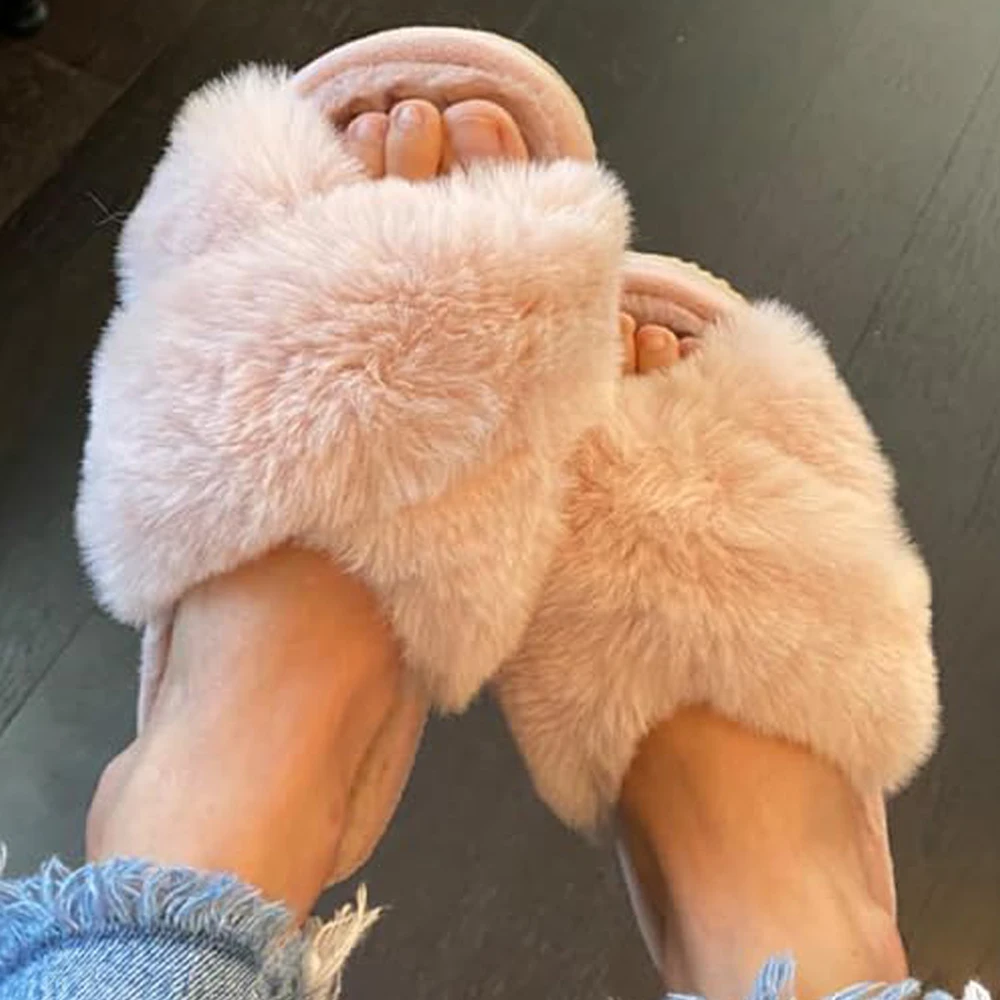 Top Trends: Comwarm Women&#039;s Cross Band Fuzzy Slippers Fashion Fur Thick Sole Flip Flops Winter Fluffy Open Toe House Slippers Indoor Shoes Shoppable Styles