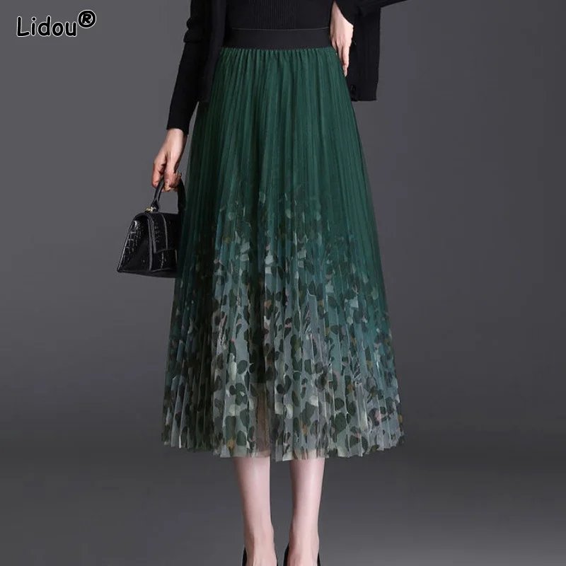 Top Trends: Simplicity Pleated Knee-length Skirts Loose Temperament Printing Fashion Women&#039;s Clothing Casual Spring Summer Thin Intellectual Shoppable Styles