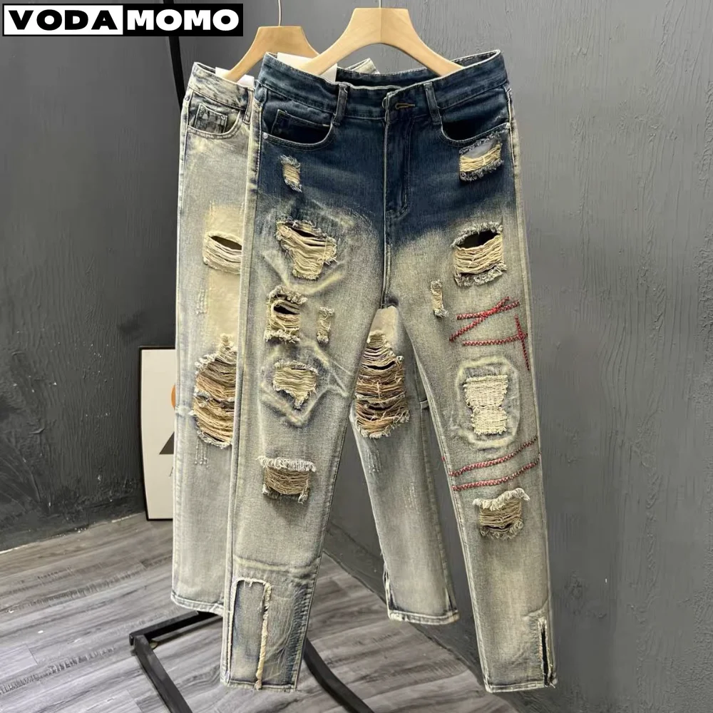 Top Trends: Hole Ripped Jeans Men Slim Fit Skinny Jeans Hip Hop Fashion Streetwear Patchwork Jeans Elasticity Gothic Pants Men Pantalon Shoppable Styles