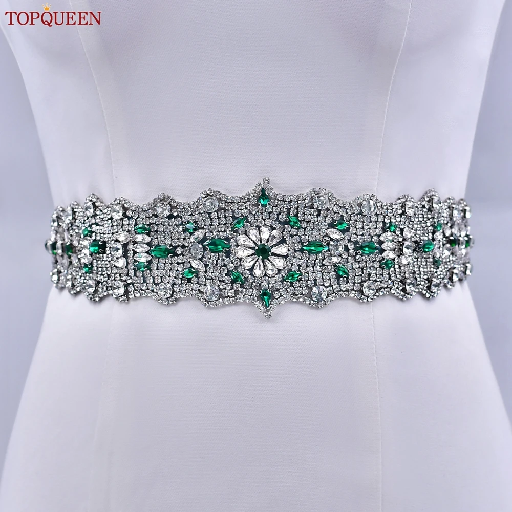 Top Trends: TOPQUEEN Rhinestone Bride Belt Green Diamond Wedding Dress Wide Sash Women&#039;s Ribbon Belt Stage Dress Accessories S233L-KL Shoppable Styles