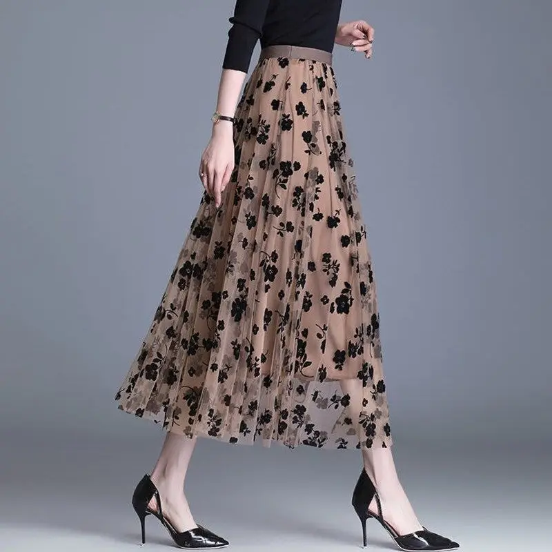 Top Trends: Elegant Vintage Lace Jacquard Gauze Women's Skirt 2022 Spring Summer Office Lady Commuter Midi Skirts Elastic High-waisted Skirt Shoppable Styles