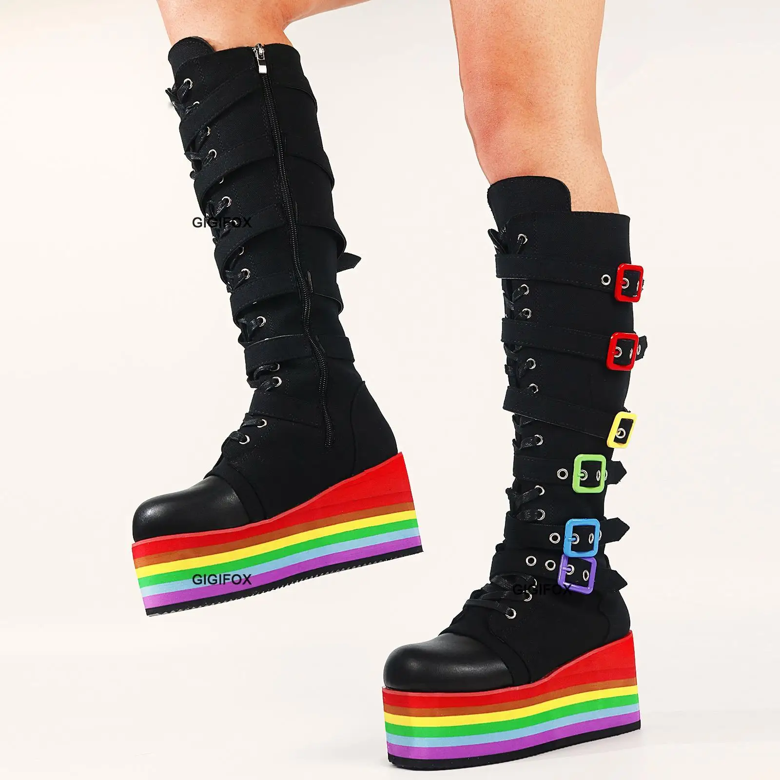 Top Trends: GIGIFOX Brand Big Size 43 Fashion Gothic Rianbow Platform Buckles Zipper Colorful Great Quality Motorcycle Boots Woman Shoes Shoppable Styles