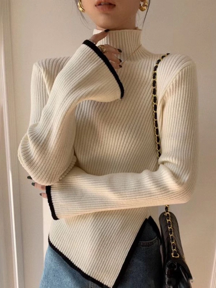 Top Trends: Deeptown Elegant Turtleneck Sweater Women Korean Old Money Style Slim Contrast Color Jumper Autumn Winter Casual Knitwear Tops Shoppable Styles