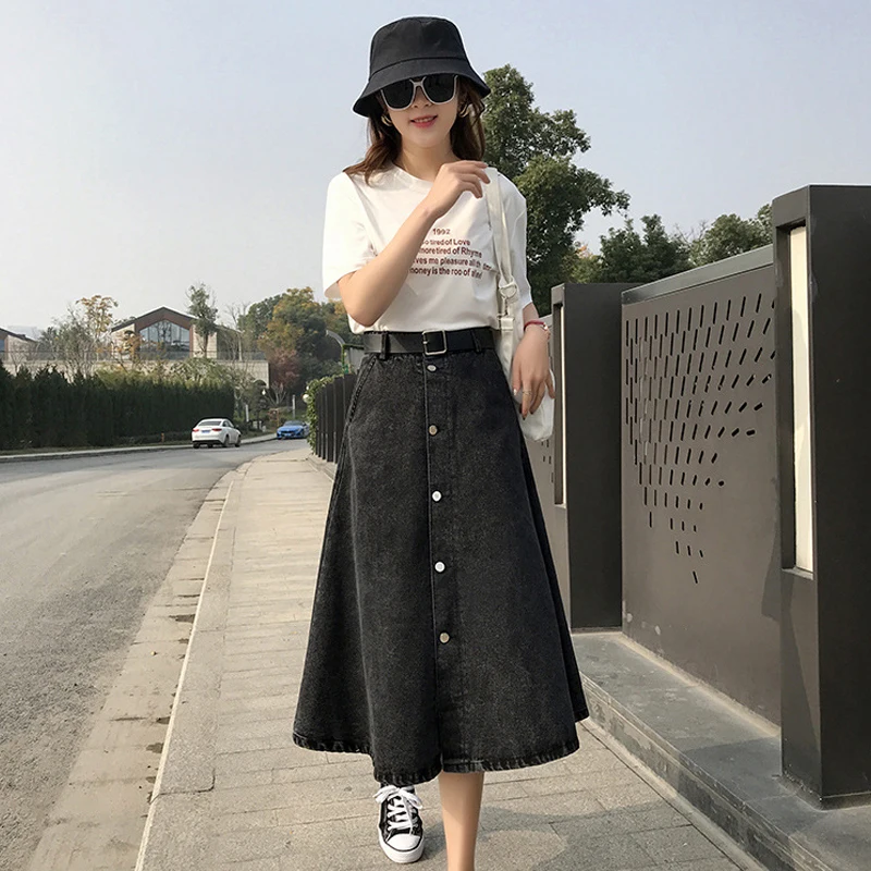 Top Trends: Women Long Denim Skirt Y2k Black High Waist Jeans Maxi Skirts For Female Knee Length A-line Skirt Fashion Korean Autumn Winter Shoppable Styles