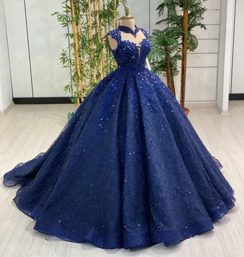 Top Trends: Gorgeous Lace Formal Evening Dresses Navy Blue Princess Ball Gown Lace Beading High Collar Cap Sleeves Women Prom Pageant Gowns Shoppable Styles