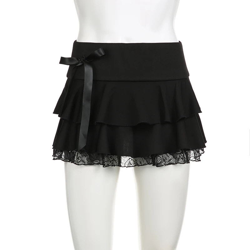 Top Trends: IAMHOTTY Dark Academia Lace A-line Mini Skirt Black Low Waisted Bow Stitching Short Skirts Y2K Gothic Cute Bottoms Streetwear Shoppable Styles - Image 5