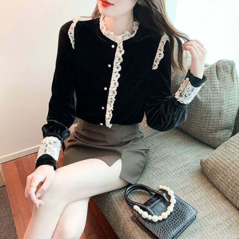 Top Trends: Women's Blouse Button Vintage Round Neck Wooden Ear Edge Shirt 2023 Autumn And Winter Long Sleeved Lace Patchwork Elegant Tops Shoppable Styles