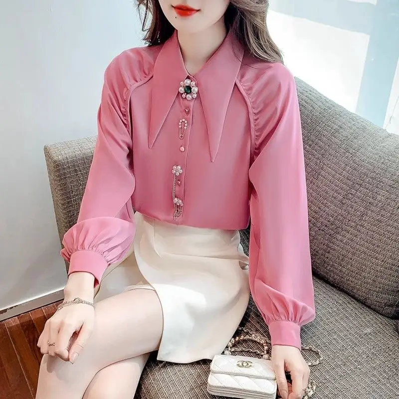 Top Trends: Spring Autumn Commute Elegant Lapel Shirt Women&#039;s Clothing Solid Color Fashion Beading Diamonds Korean Single-breasted Blouse Shoppable Styles