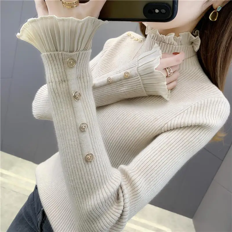 Top Trends: Fashion Solid Color Spliced Princess Sleeve Ruffles Sweater Women Clothing 2022 Autumn New Casual Pullovers All-match Sweet Tops Shoppable Styles