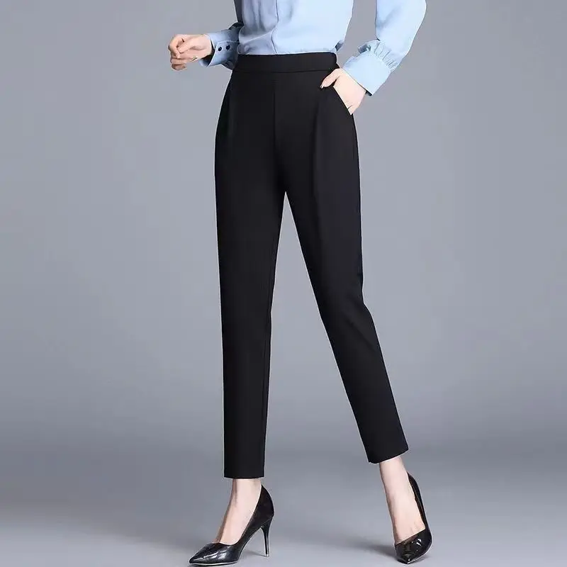 Top Trends: Office Lady Korean Fashion Solid All-match Pencil Pants High Waist Elastic Spring Summer Woman Casual Straight Trousers 2022 New Shoppable Styles