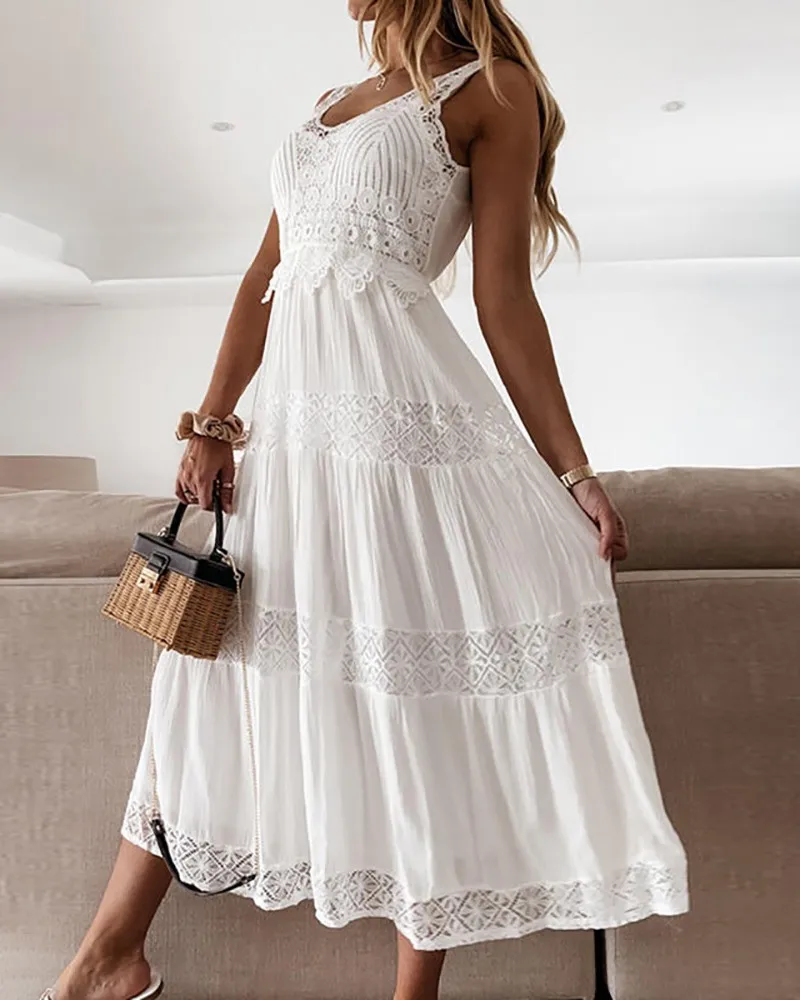 Top Trends: 2023 Summer Stock New Spring And Autumn Lace Splice High Waist Curved Split Style Commuter Style With Solid Color Strap Dress Shoppable Styles