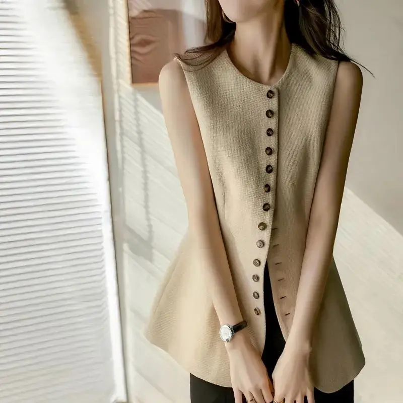 Top Trends: 2023 Spring And Autumn New Women's Fashion Solid Color Round Neck Commute All-match Loose Sleeveless Cardigan Button Vests Coats Shoppable Styles