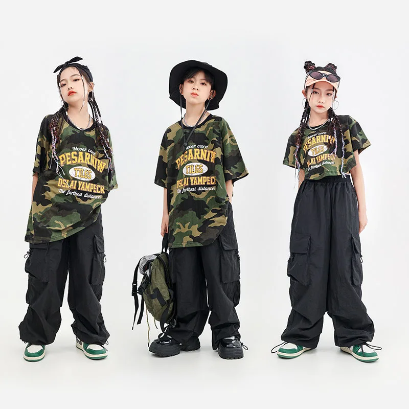 Top Trends: Kid Hip Hop Clothing Camo Oversize T Shirt Crop Top Vest Black Casual Pocket Cargo Pants For Girl Boy Jazz Dance Costume Clothes Shoppable Styles