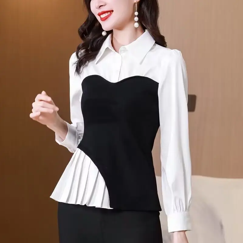 Top Trends: Elegant Spliced Folds Fake Two Pieces Blouses Women&#039;s Clothing 2023 Autumn Winter Loose Korean Pullovers Asymmetrical Shirts Shoppable Styles