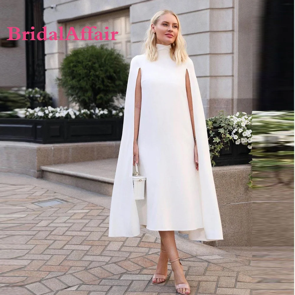 Top Trends: BridalAffair Simple White Straight Women Formal Evening Dresses High Neck With Long Cape Sleeves Tea Length Gown Women Outfit Shoppable Styles