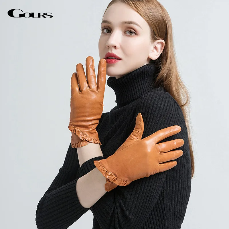 Top Trends: GOURS Winter Real Leather Gloves Women Light Brown Genuine Goatskin Gloves Fashion Fleece Lined Warm Floral Border New GSL054 Shoppable Styles