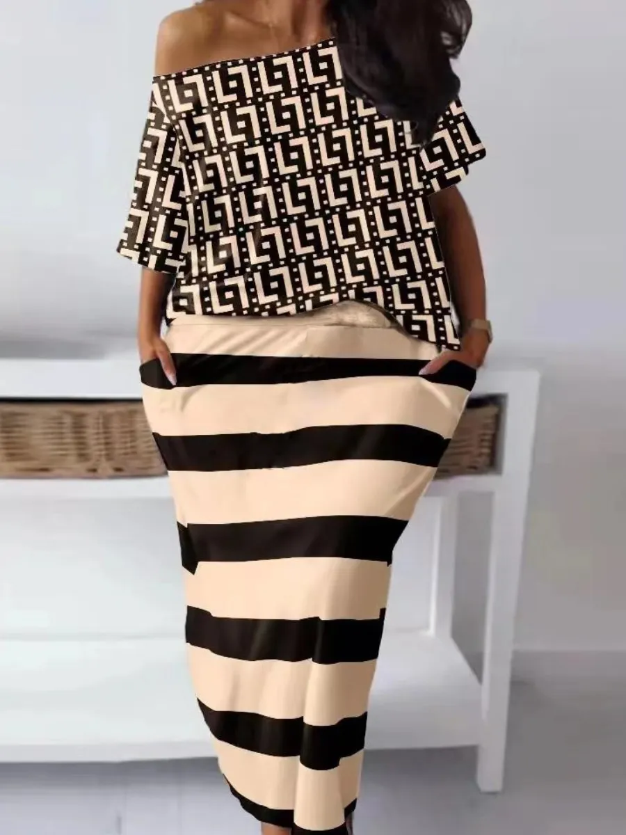 Top Trends: LW Plus Size Geometric Print Striped Pocket Design Skirt Set Matching Sets Two Piece Dress Sets Summer Tops+ Bottoms Matching Set Shoppable Styles