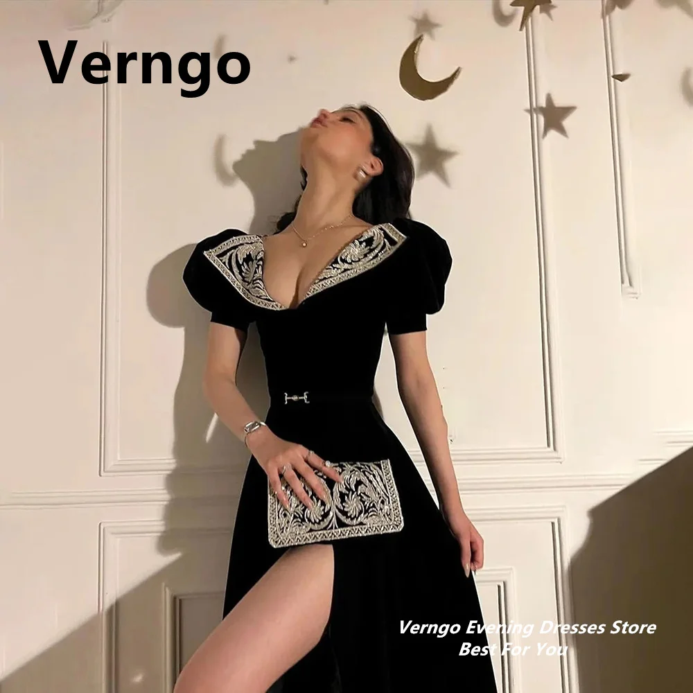 Top Trends: Verngo Black Deep V Neck Party Gowns Appliques Split Birthday Dress Short Puff Sleeves Elegant Formal Dress Floor Length Outfit Shoppable Styles