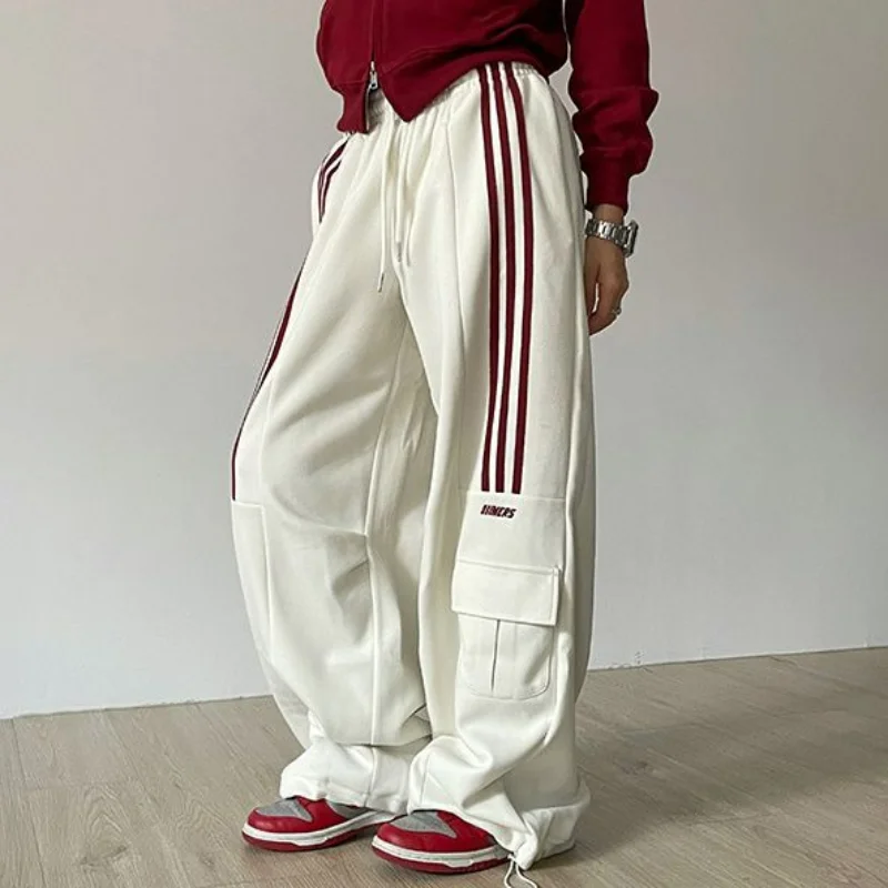 Top Trends: American Retro Lazy Style Wide Leg Pants Women Solid Stripes Elastic High Waist Drawstring Loose Casual Straight Sports Trousers Shoppable Styles